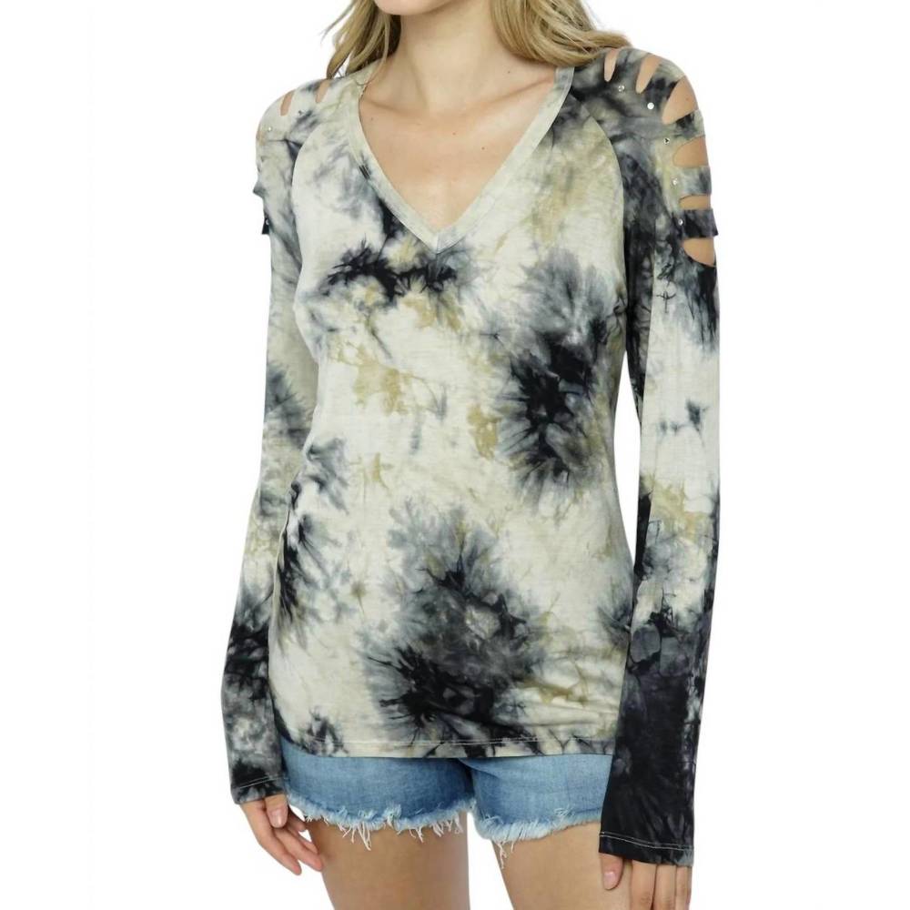 NEW VOCAL APPAREL tie dye stud sliced long sleeve top in natural/black
